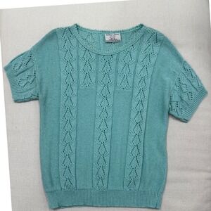 College Point Knit Sweater Womens size Large Vintage Aqua Blue Pointelle